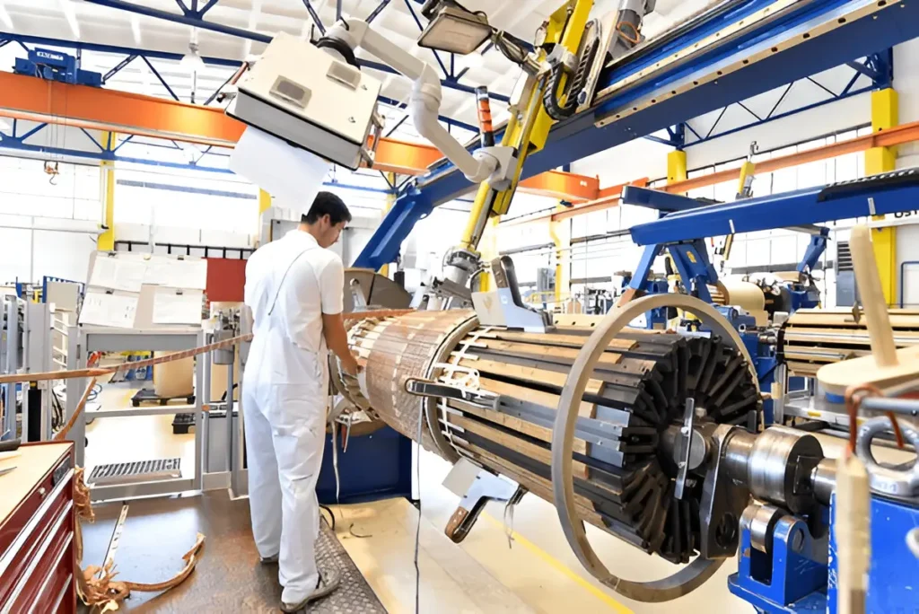 Technician operating an industrial coil winding machine in a modern manufacturing facility, winding copper strips onto a large cylindrical core using automated equipment.